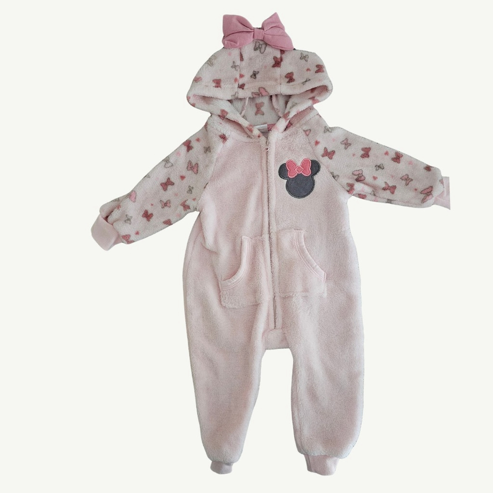 Disney Babies Minnie Mouse Coverall Pink Bow Hooded Footed Sleeper Pajama (6-9M)
